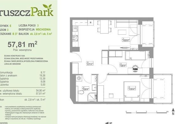 PROMOCJA-Pruszcz Park E - B.37-3-pok. 57,83m2 - III piętro, 2 balkony!