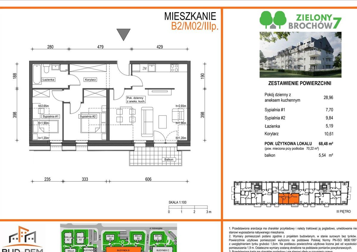 3-pokojowe mieszkanie 68m2 + balkon
