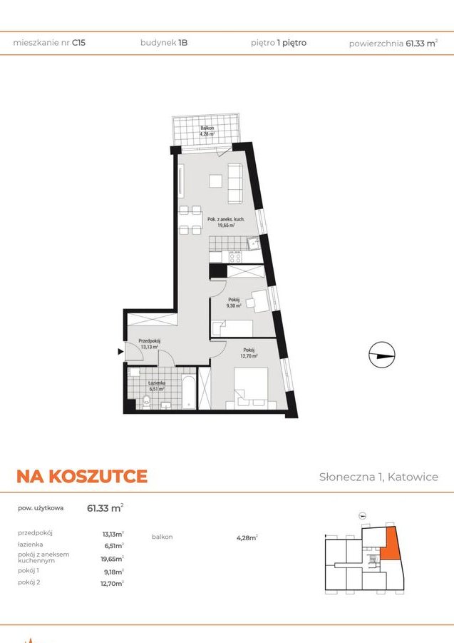 3-pokojowe mieszkanie 61m2 + balkon Bezpośrednio