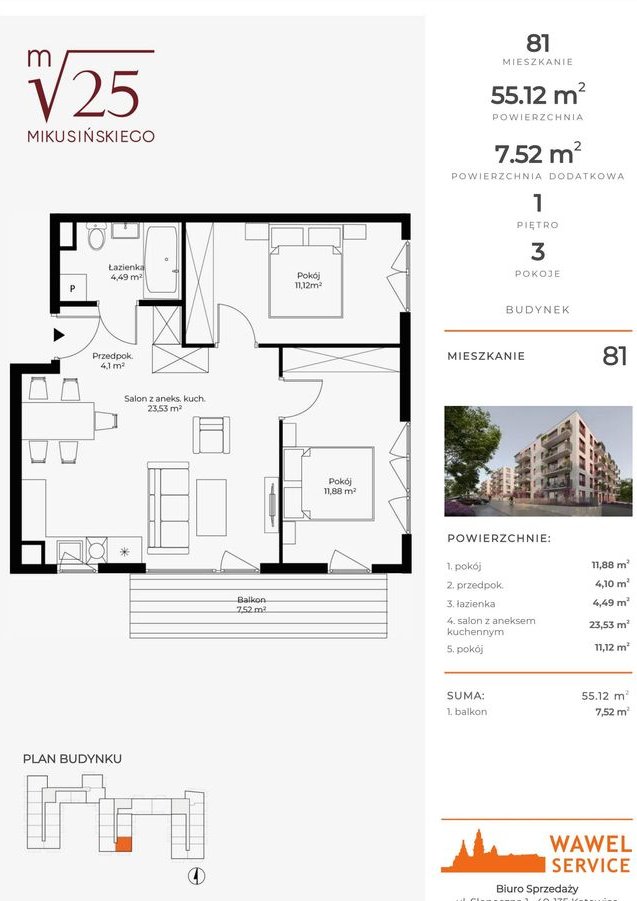 3-pokojowe mieszkanie 55m2 + balkon