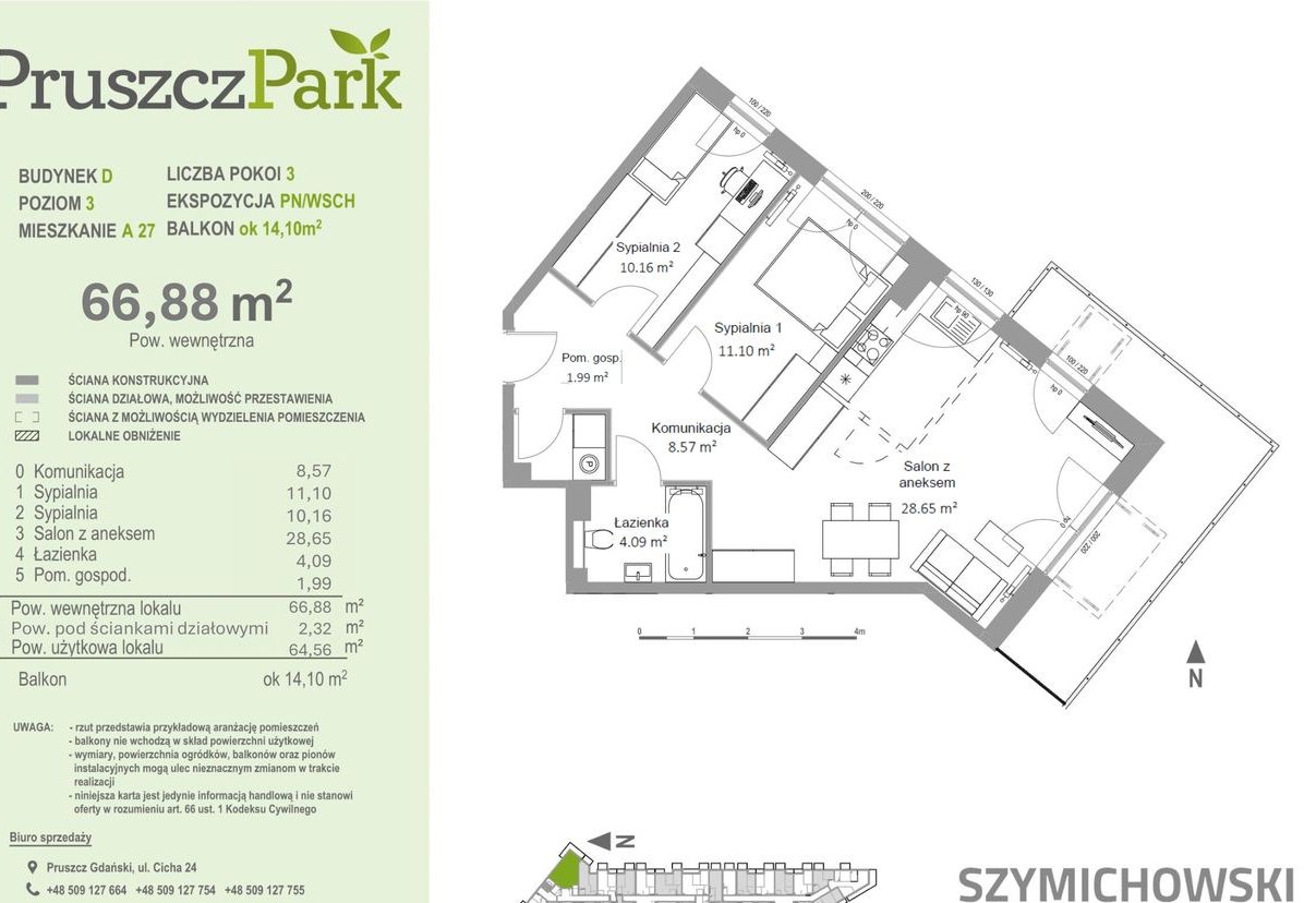 Pruszcz Park D - A.27 - narożne 3-pok. 66,88 m2 - gotowe - promocja!