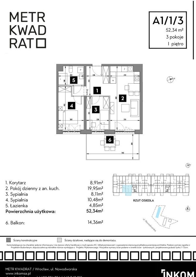 3-pokojowe mieszkanie 52m2 + balkon