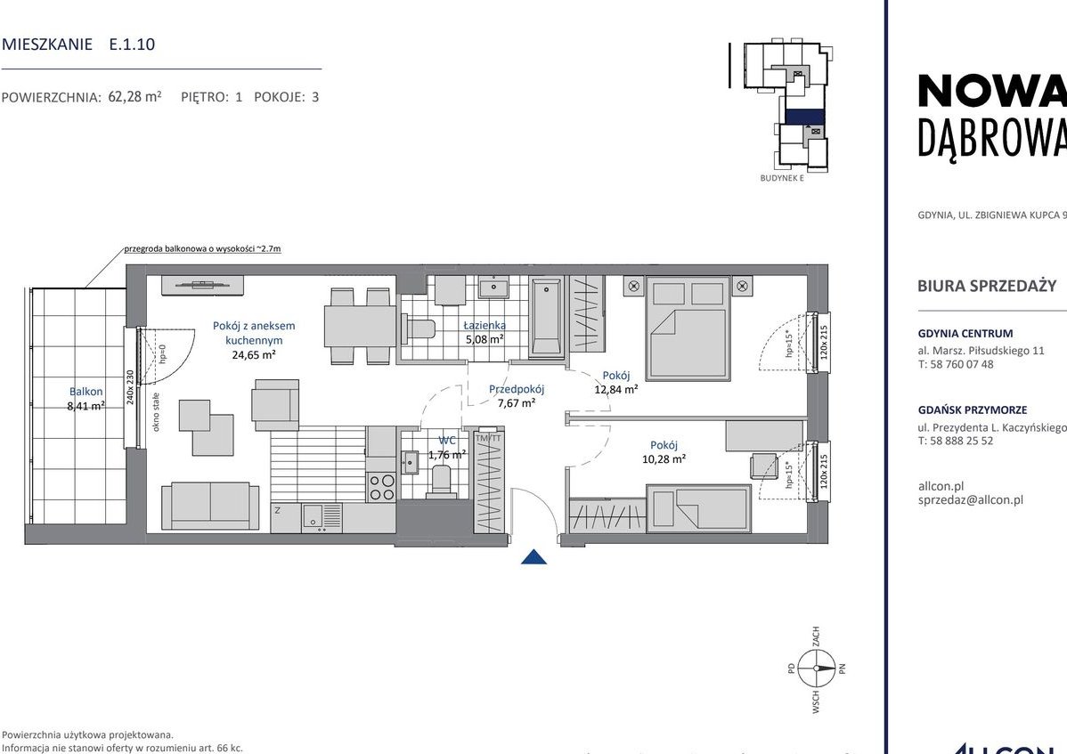 3-pokojowe mieszkanie 62m2 + balkon