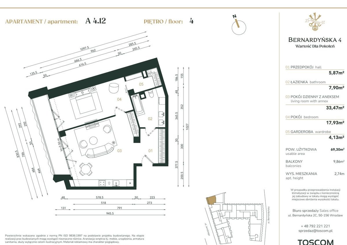 2-pokojowy apartament 69m2 + balkon