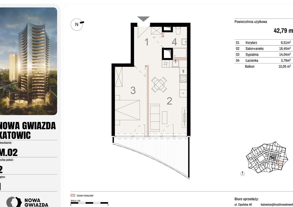 2-pokojowe mieszkanie 42m2 + balkon Bez Prowizji