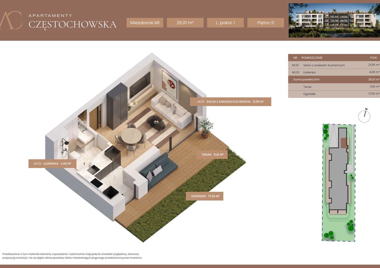 1-pokojowe mieszkanie 26m2 + ogródek