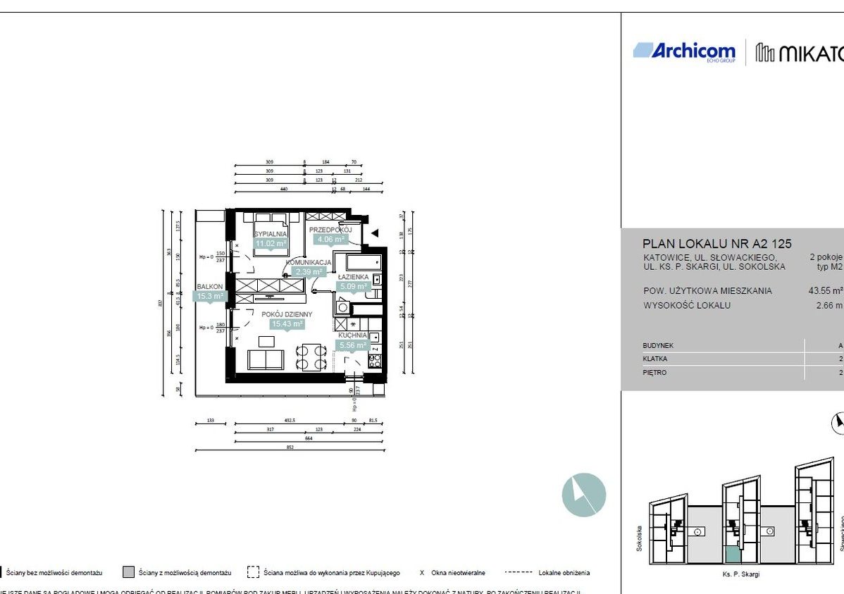 Komfortowe 43,5 m2 2 pokoje, kuchnia z oknem + balkon 15m2