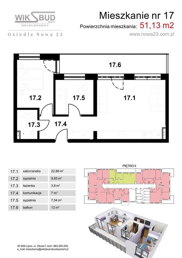 M17 Mieszkanie 50,13m2 z funkcjonalnym rozkładem na II piętrze