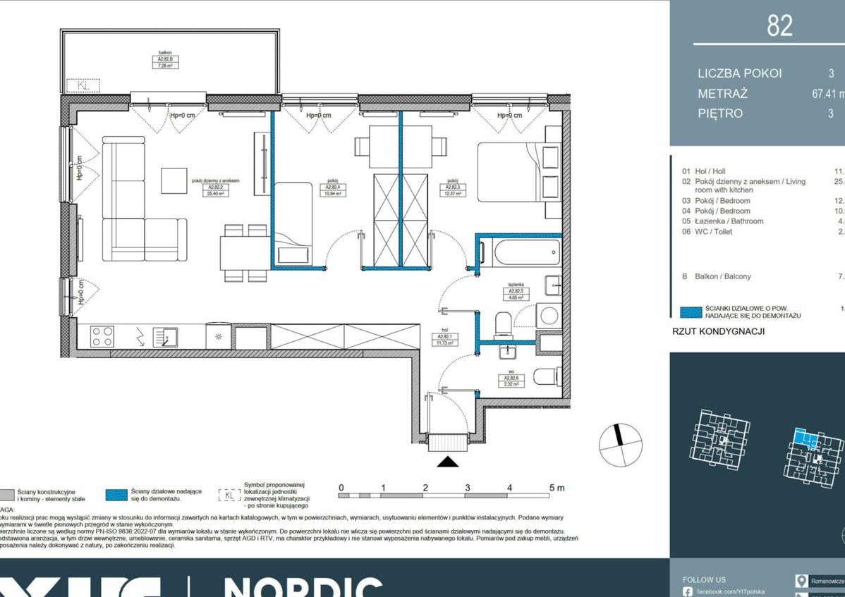 3-pokojowe mieszkanie 67m2 + balkon