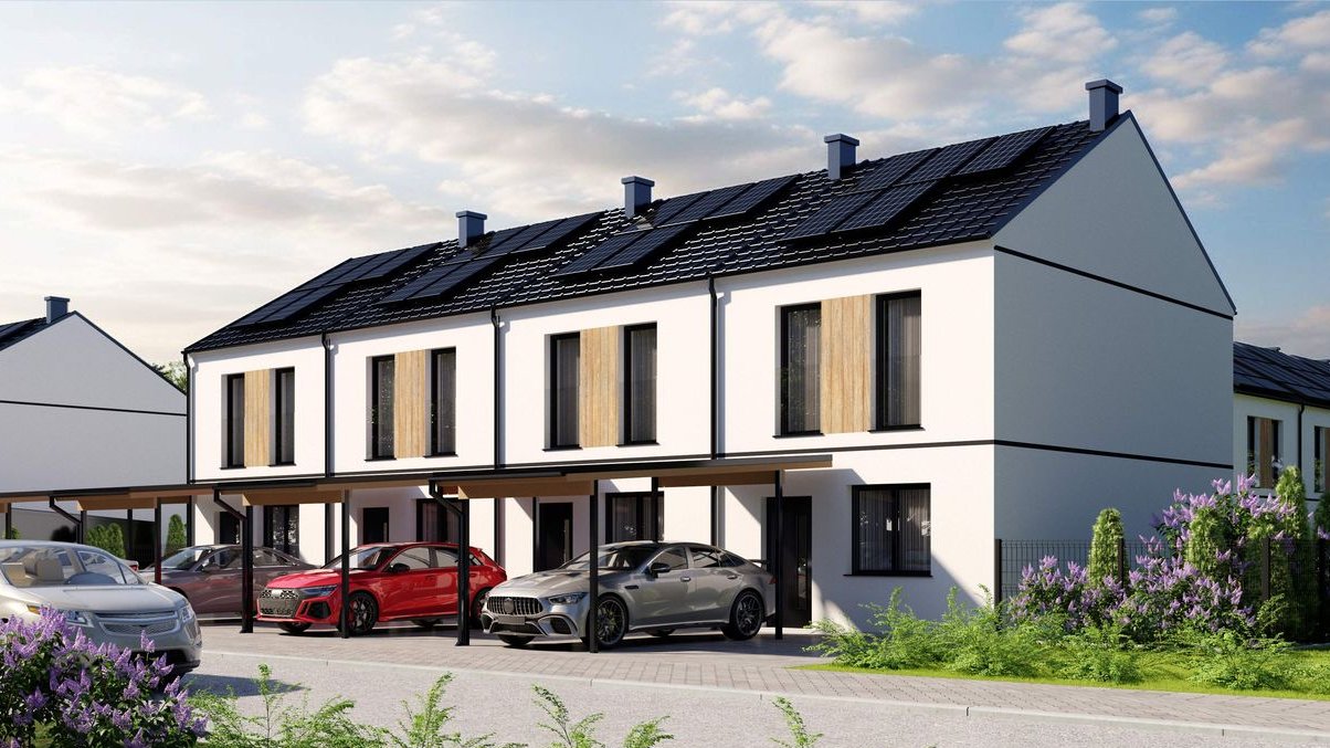 Nowy dom szeregowy z wiatą, fotowoltaiką, skrajna działka.