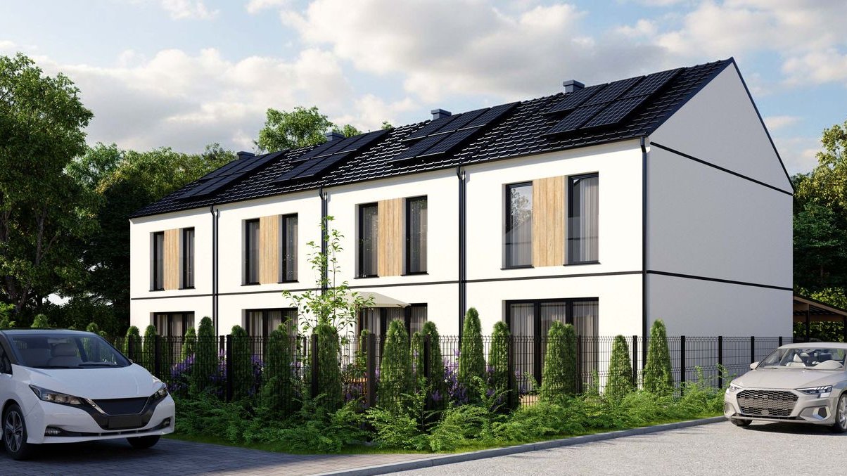 Nowy dom szeregowy z wiatą, fotowoltaiką, skrajna działka.