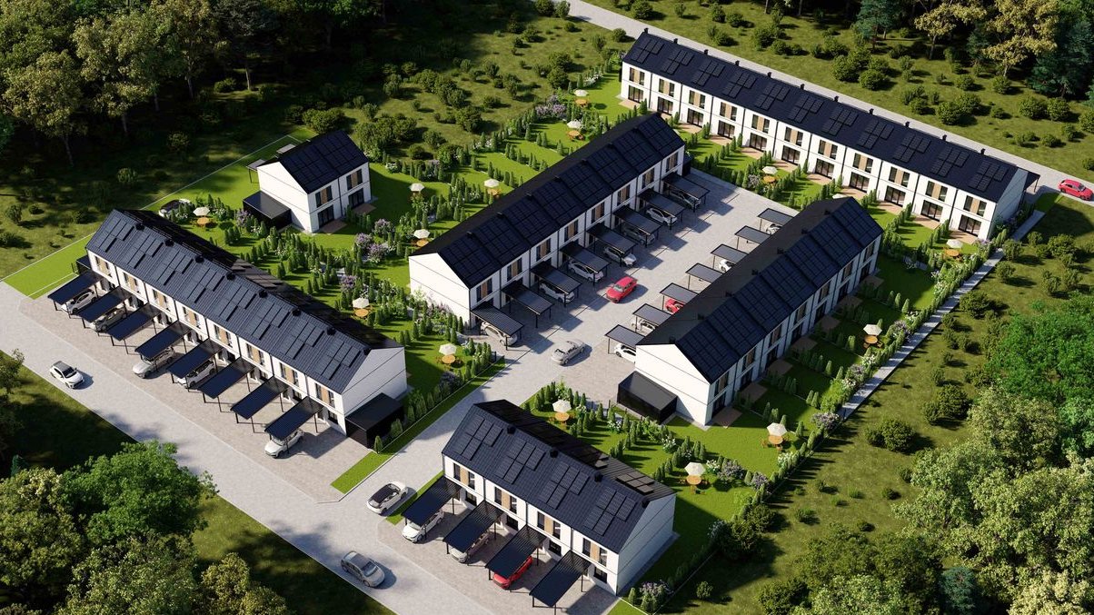 Nowy dom szeregowy z wiatą, fotowoltaiką, skrajna działka.