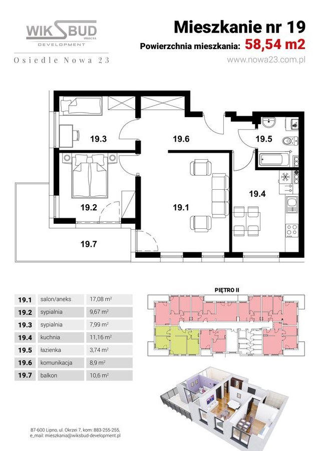 M19 Mieszkanie 3 pokoje, duży balkon