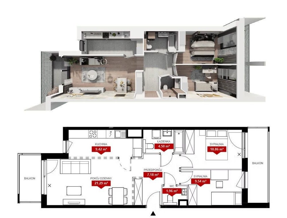 Promocja - Dwustronne -PN-PD - Dwa balkony -WC