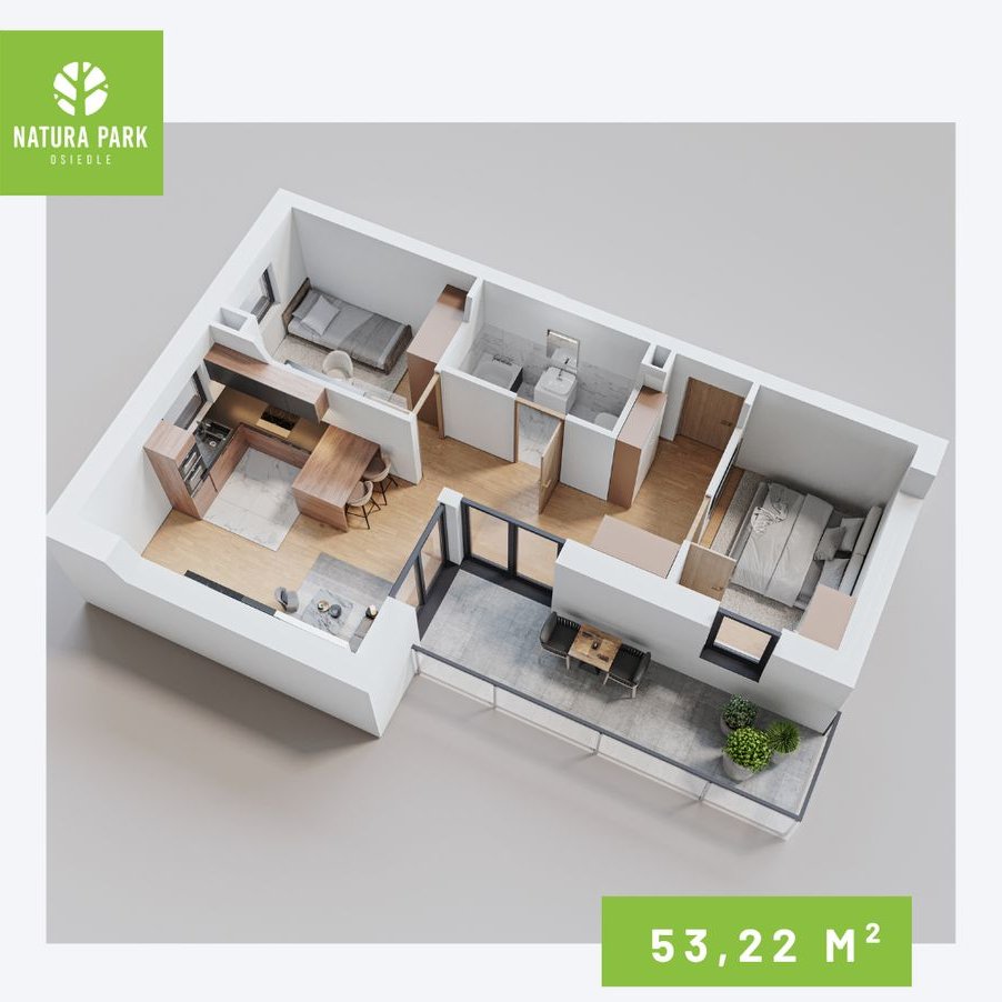3 pokoje | 53,22 m² | jasna kuchnia z oknem | duży balkon |Natura Park