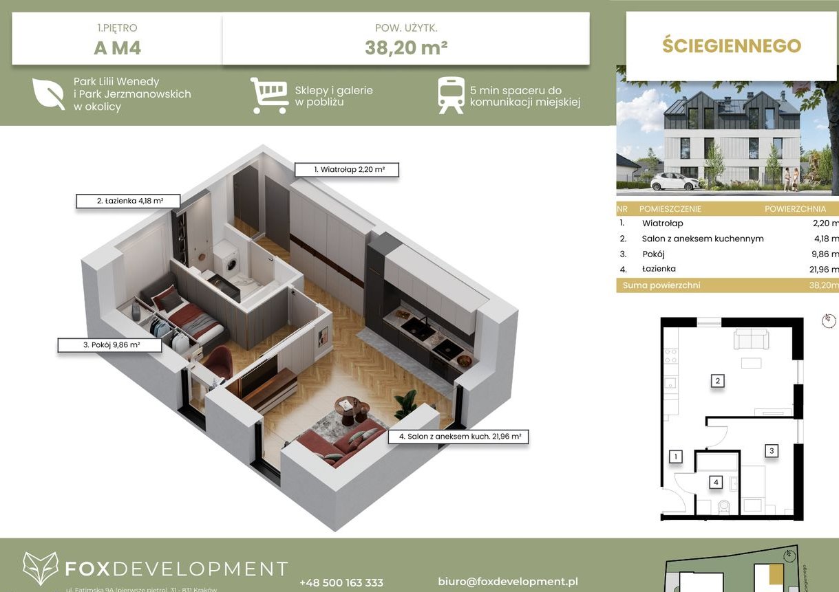 2 pokoje 38 m² przy parku | Oddzielna sypialnia