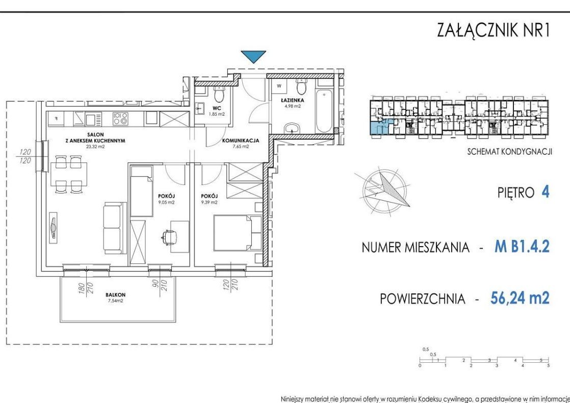 3 pok. 2 łazienki | 56.48 m² | bez prowizji