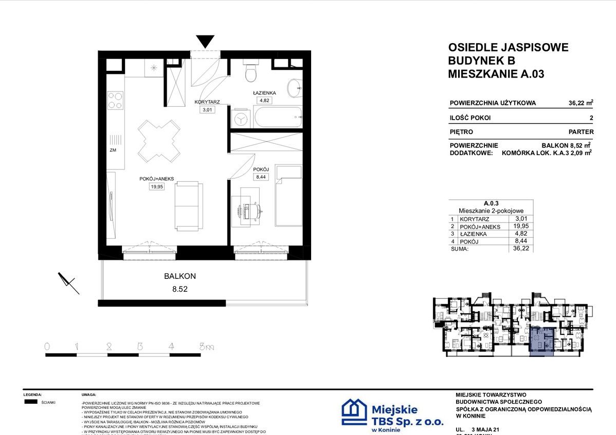 Mieszkanie, 36,22 m², Konin