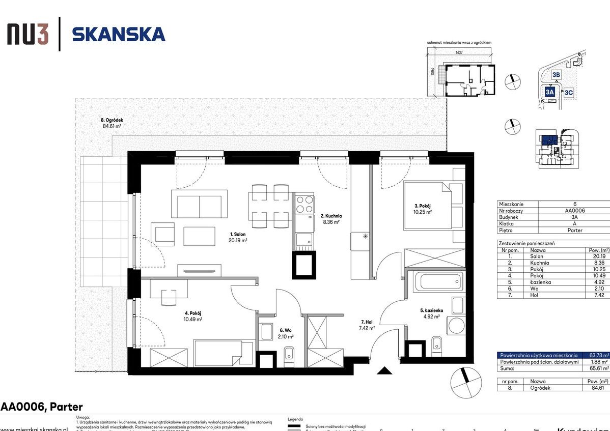 3-pokojowe mieszkanie 63m2 + ogródek